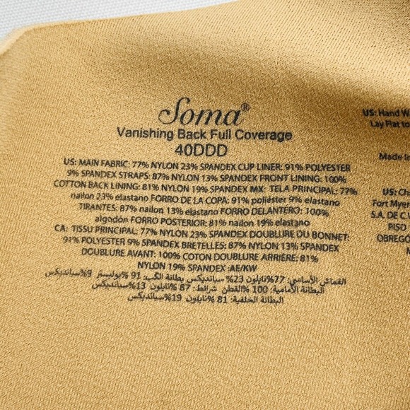 Soma 40DDD Vanishing Back Full Coverage Bra Nude Underwire Lined - Picture 3 of 3